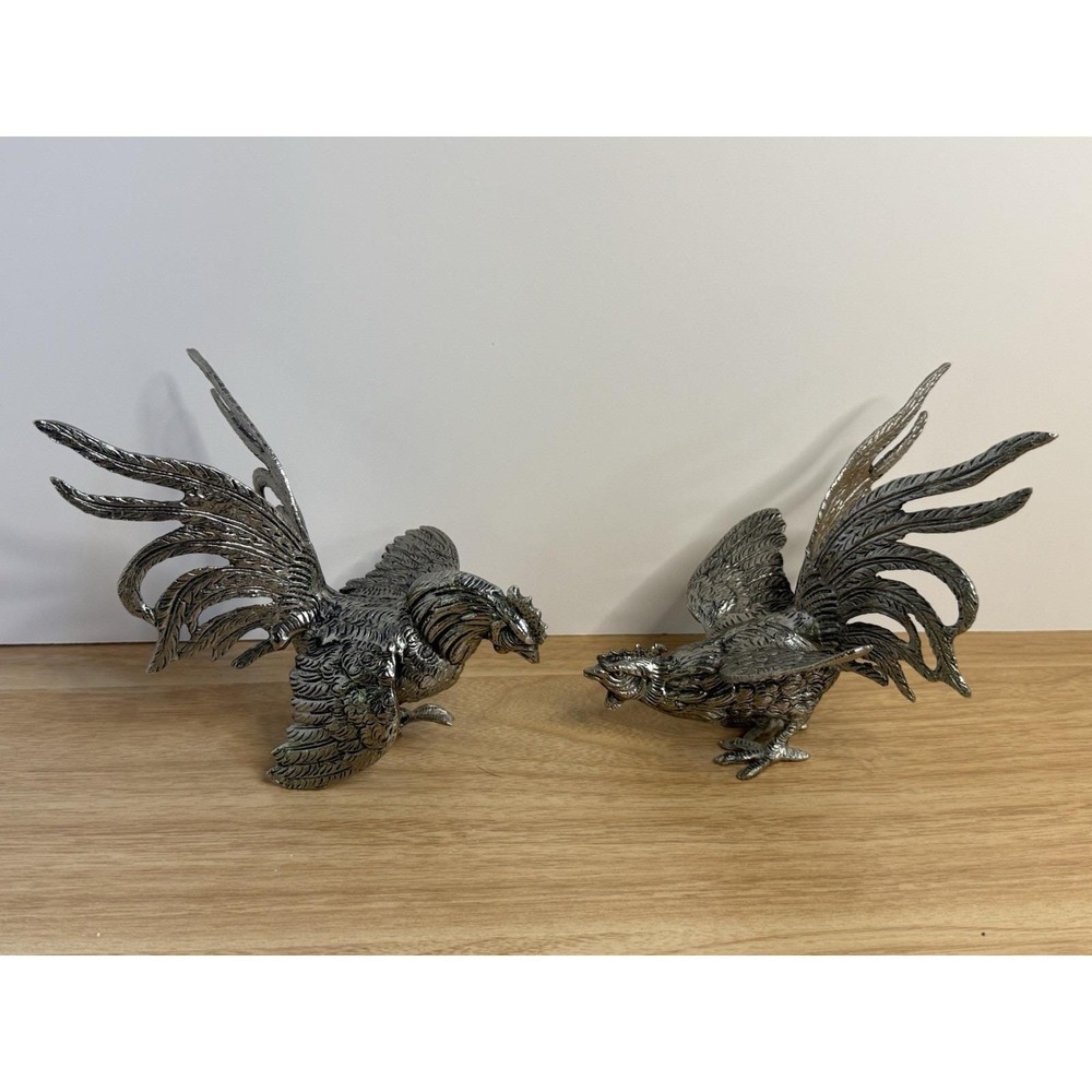 Silver Tone Fighting Roosters Chicken Mid-Century Cockerel Figurines Pair